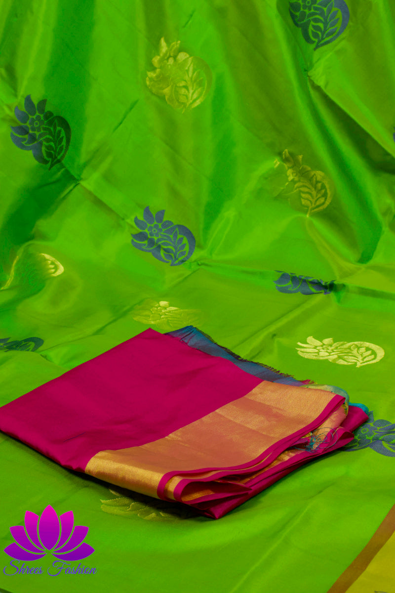 Elegant Parrot Green Kanchipuram Silk Saree with Pink Pallu | Soft Silk | Silk Mark India Certified - Shrees  Fashion Australia